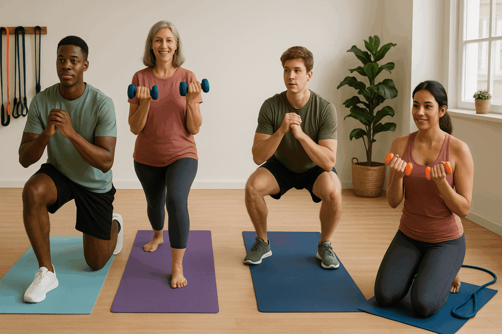 Diverse group of beginners following a workout timetable for beginners using yoga mats, resistance bands, and light dumbbells in a home gym setting