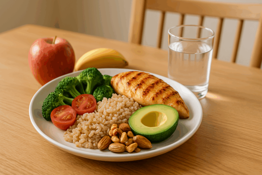 Balanced meal with grilled chicken, brown rice, avocado, vegetables, and fruit on a table—ideal nutrition to support a workout timetable for beginners