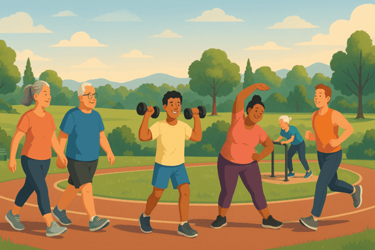 Diverse group of adults following a workout timetable for beginners with walking, stretching, jogging, and light weightlifting at an outdoor fitness park in the morning.