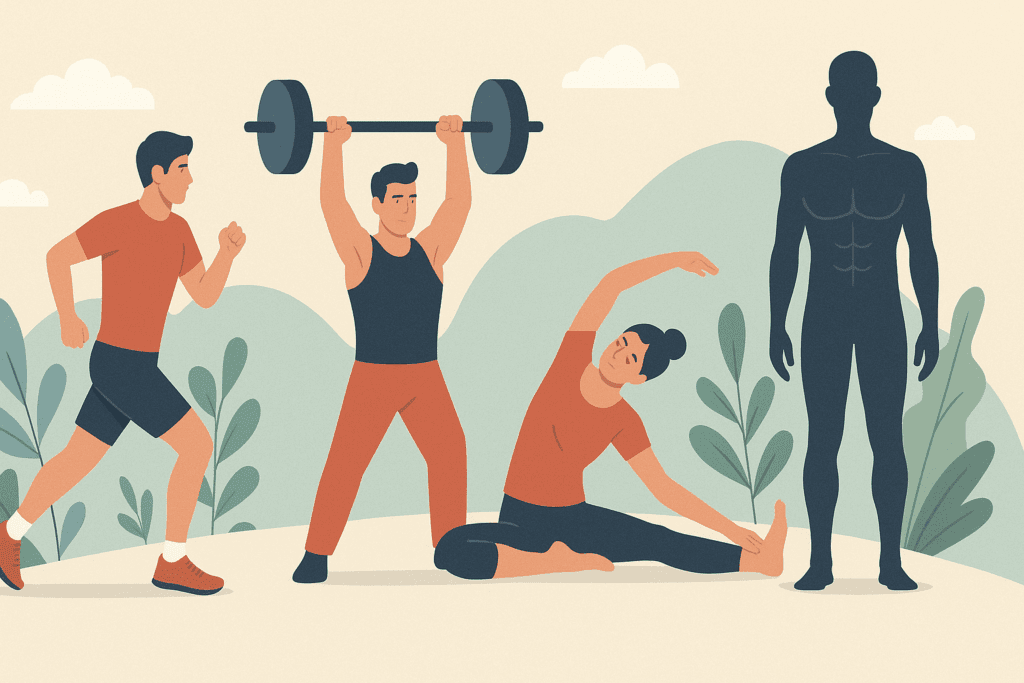 Maximize Your Performance: How Health-Related Fitness and Physical Conditioning Improve Endurance and Stamina Naturally 1 Runner, weightlifter, person stretching, and fit silhouette illustrating the four components of health-related fitness outdoors.