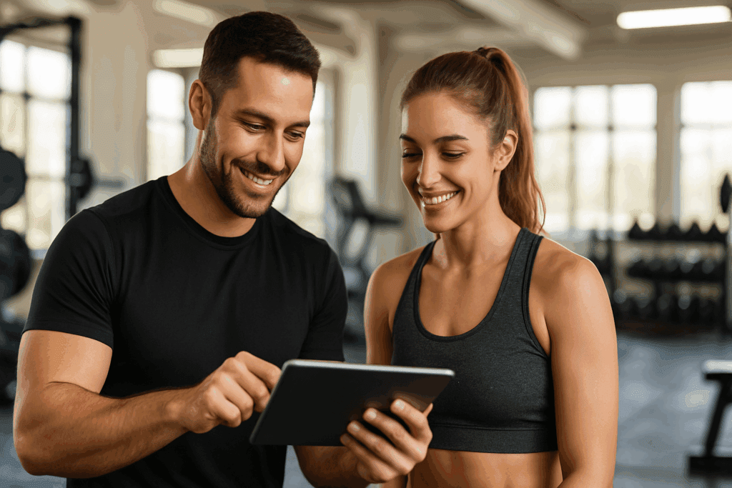 Maximize Your Performance: How Health-Related Fitness and Physical Conditioning Improve Endurance and Stamina Naturally 3 Personal trainer and trainee reviewing a workout plan on a tablet inside a bright gym, emphasizing structured development and health-related fitness.