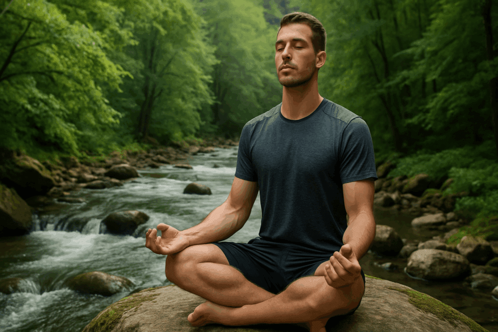Maximize Your Performance: How Health-Related Fitness and Physical Conditioning Improve Endurance and Stamina Naturally 4 Man practicing mindful breathing by a river to enhance stamina, showcasing natural approaches to health-related fitness.