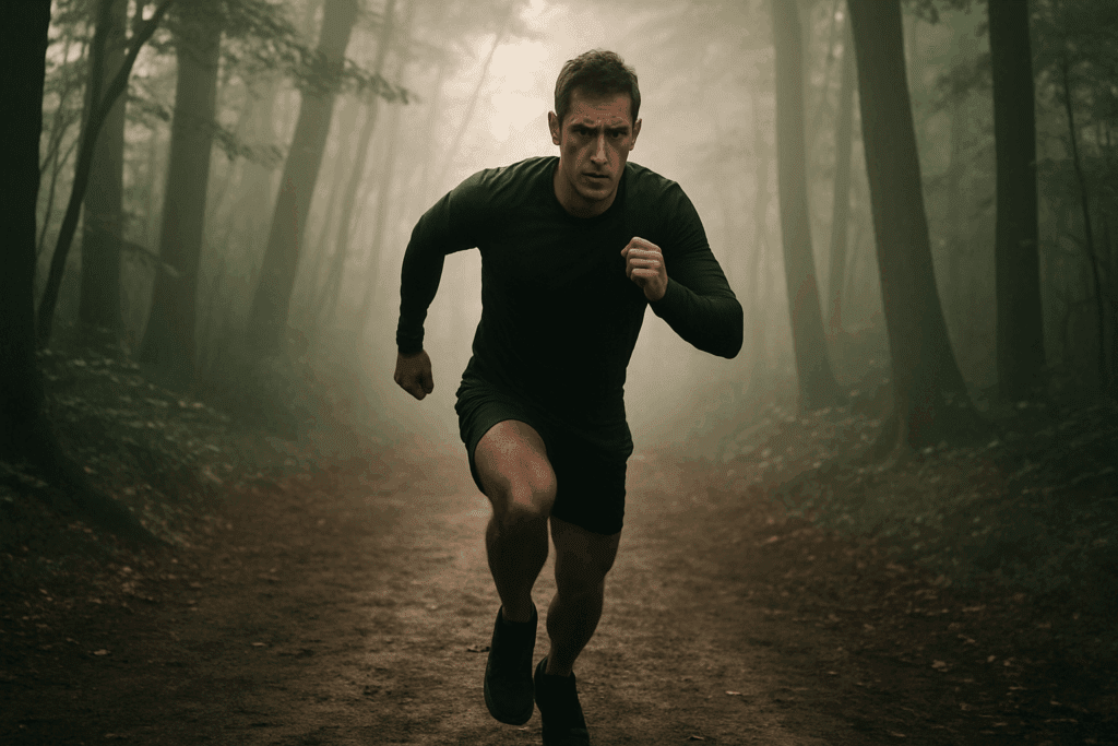 Maximize Your Performance: How Health-Related Fitness and Physical Conditioning Improve Endurance and Stamina Naturally 5 Determined athlete running through a foggy forest trail at sunrise, symbolizing mental resilience and health-related fitness.