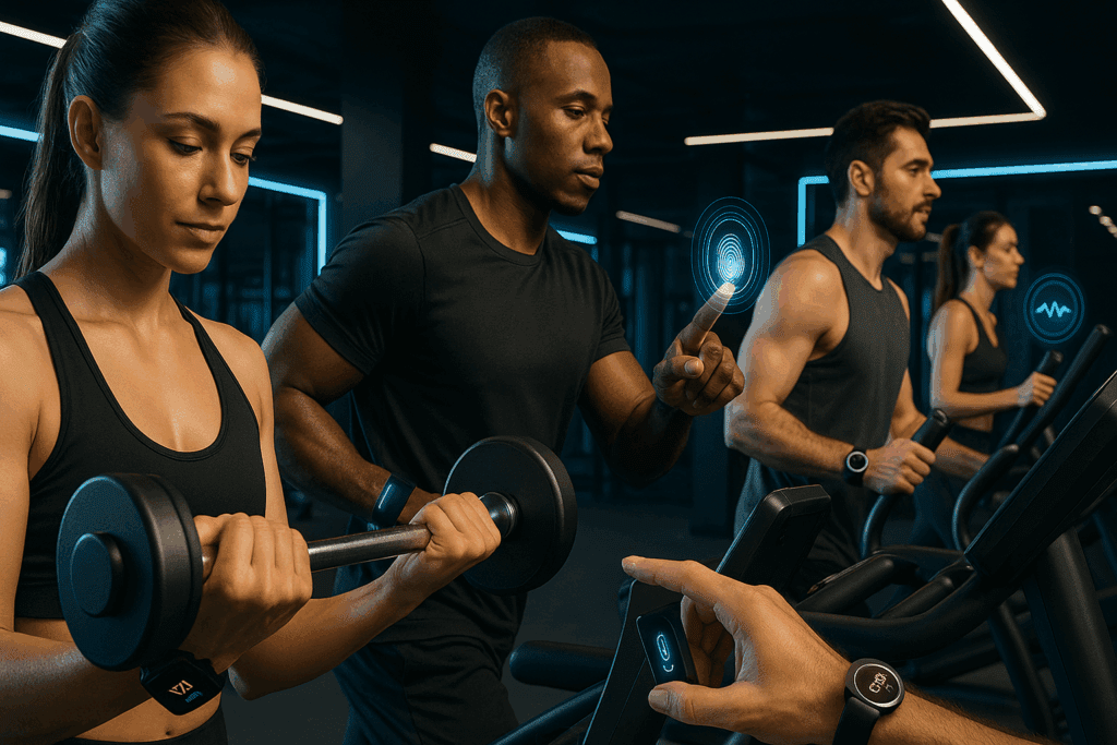 Maximize Your Performance: How Health-Related Fitness and Physical Conditioning Improve Endurance and Stamina Naturally 6 Futuristic gym with people using wearable tech like smartwatches and biometric scanners to enhance health-related fitness during workouts.