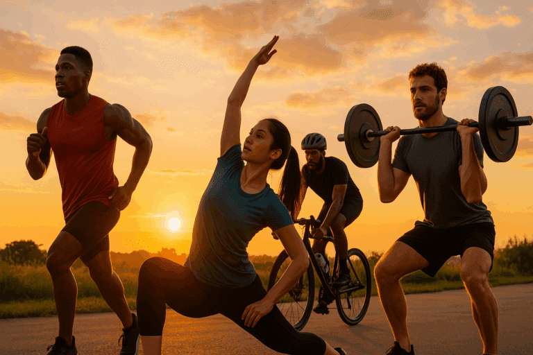 Diverse athletes demonstrating health-related fitness by running, cycling, stretching, and weightlifting outdoors at sunrise