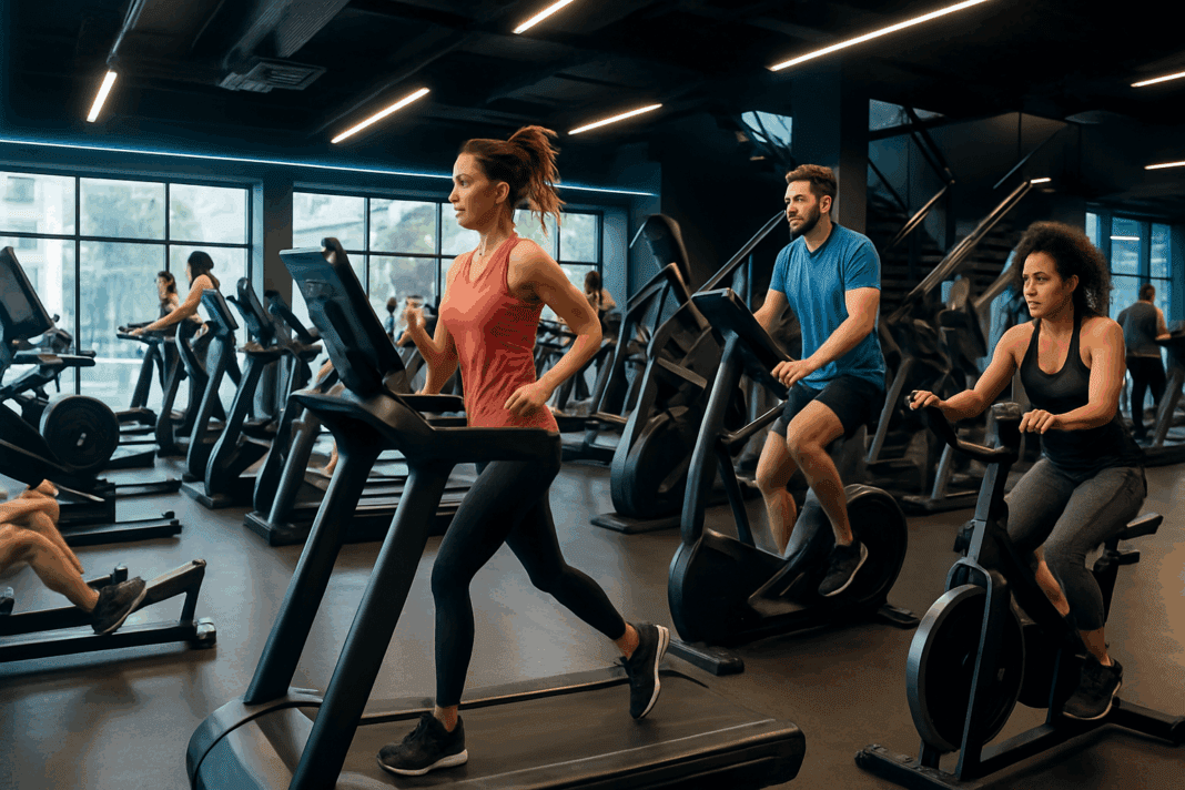 Modern gym with people using the most effective cardio machines like treadmills, ellipticals, and air bikes in a bright, energetic environment.