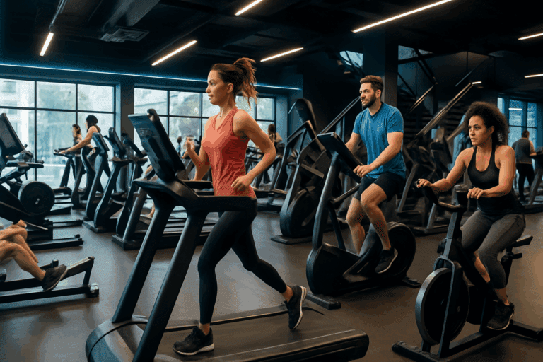 Modern gym with people using the most effective cardio machines like treadmills, ellipticals, and air bikes in a bright, energetic environment.