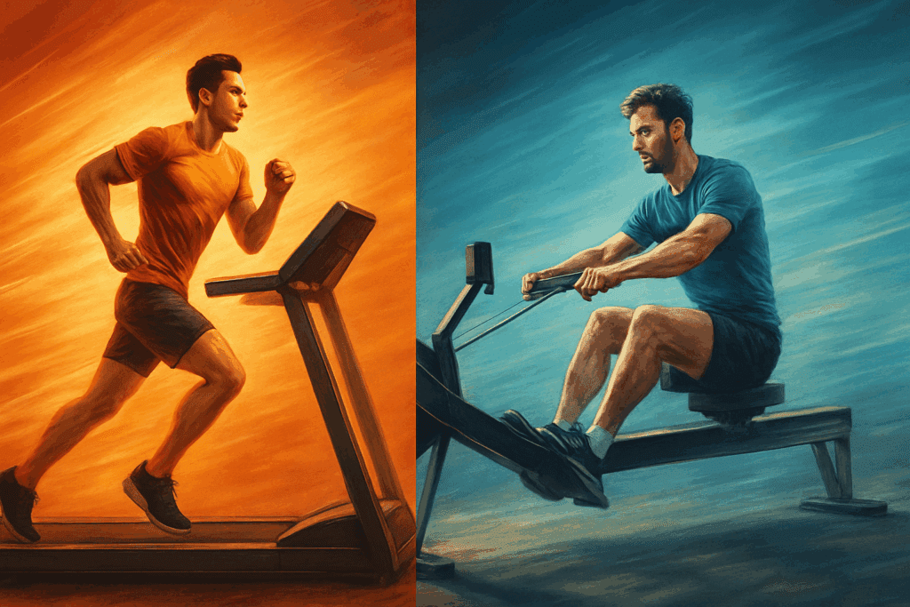Maximize Your Results at the Gym: The Most Effective Cardio Machines for Weight Loss and Endurance Training 1 Split-screen illustration of a man running on a treadmill and another rowing indoors, showcasing the most effective cardio machines for fat loss and endurance training.