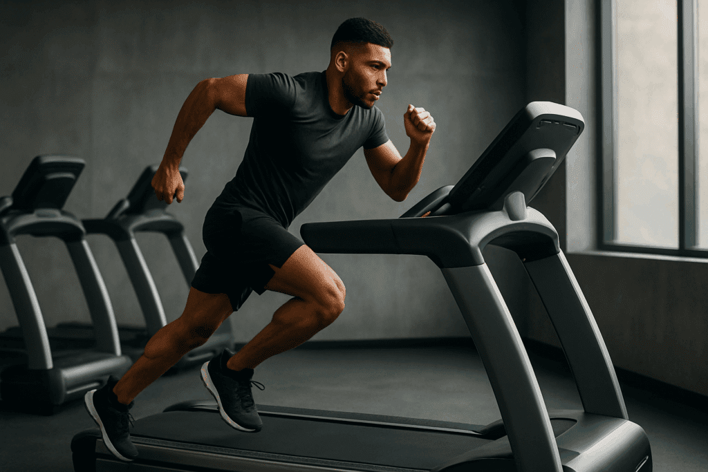 Maximize Your Results at the Gym: The Most Effective Cardio Machines for Weight Loss and Endurance Training 2 Fit man sprinting on an advanced treadmill in a gym, illustrating intensity and endurance on one of the most effective cardio machines.