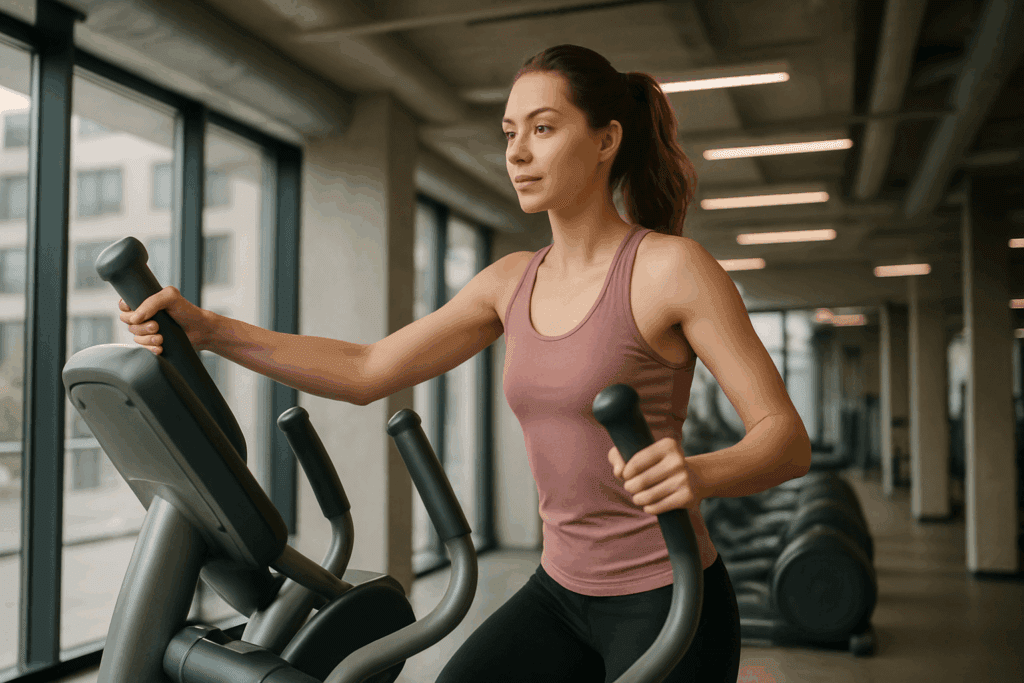 Maximize Your Results at the Gym: The Most Effective Cardio Machines for Weight Loss and Endurance Training 3 Woman exercising on an elliptical trainer in a modern gym, demonstrating full-body motion, highlighting one of the most effective cardio machines.