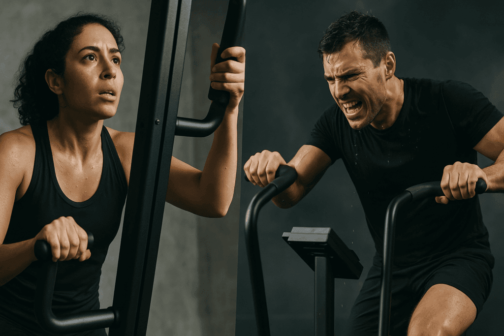 Maximize Your Results at the Gym: The Most Effective Cardio Machines for Weight Loss and Endurance Training 5 Athletes training on the most effective cardio machines with a woman on a VersaClimber and a man pedaling intensely on an air bike.