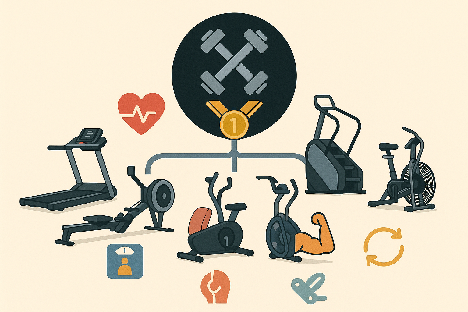 Maximize Your Results at the Gym: The Most Effective Cardio Machines for Weight Loss and Endurance Training 6 Infographic showing most effective cardio machines branching from fitness goals icons, including treadmill, rowing machine, elliptical, stair climber, and air bike.
