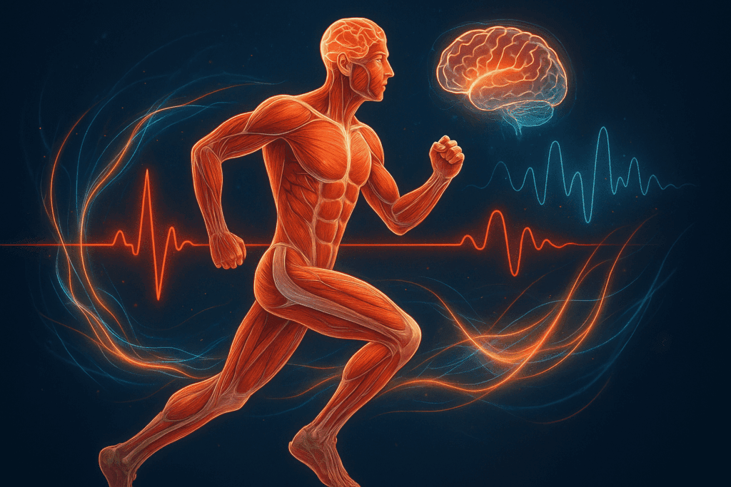 Maximize Your Results with a 7 Day Fitness Plan: How to Safely Exercise 7 Days a Week for Endurance and Performance 1 Human muscular system in motion with heartbeat and brainwave visuals, symbolizing benefits of a 7 day fitness plan