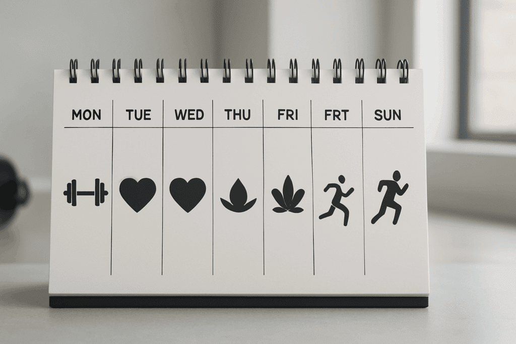 Maximize Your Results with a 7 Day Fitness Plan: How to Safely Exercise 7 Days a Week for Endurance and Performance 2 Minimalist weekly workout planner showing a 7 day fitness plan with icons for weights, cardio, yoga, and running