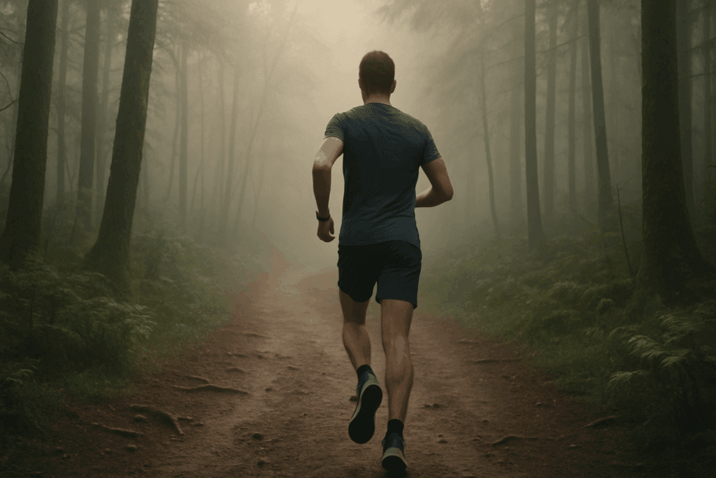 Maximize Your Results with a 7 Day Fitness Plan: How to Safely Exercise 7 Days a Week for Endurance and Performance 3 Athlete running on a misty forest trail at dawn, symbolizing stamina and dedication to a 7 day fitness plan