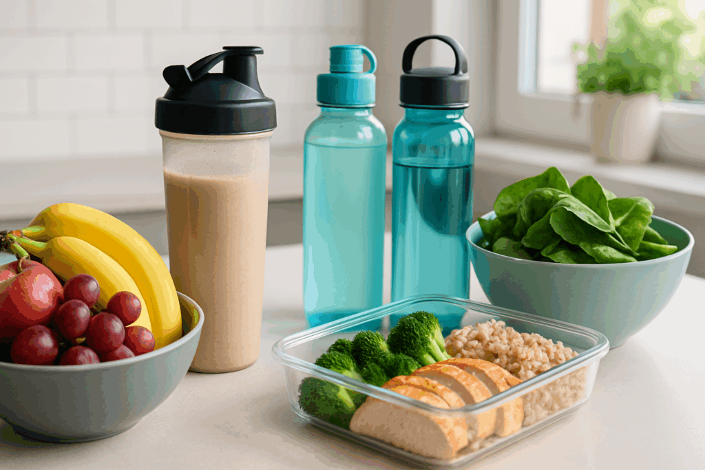 Maximize Your Results with a 7 Day Fitness Plan: How to Safely Exercise 7 Days a Week for Endurance and Performance 5 Kitchen counter with fresh fruits, leafy greens, a protein shake, water bottles, and a meal prep container for a 7 day fitness plan.
