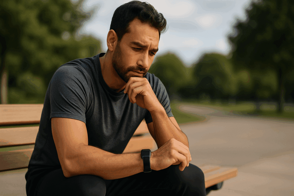 Maximize Your Results with a 7 Day Fitness Plan: How to Safely Exercise 7 Days a Week for Endurance and Performance 6 Athlete sitting on a park bench checking fitness tracker, reflecting during a 7 day fitness plan recovery day.