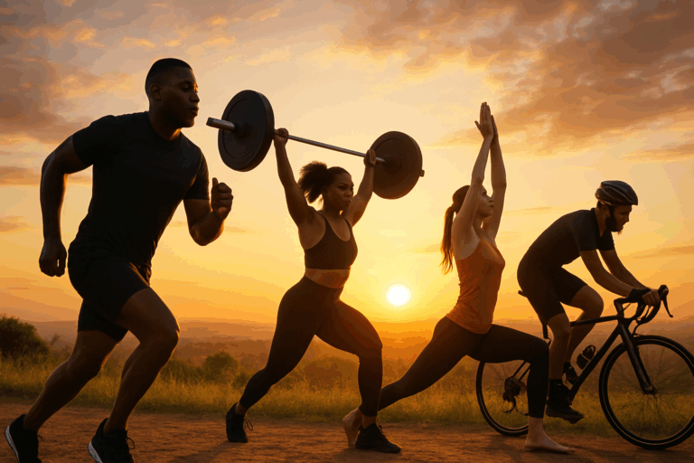 Diverse group of athletes running, lifting weights, cycling, and doing yoga at sunrise as part of a 7 day fitness plan