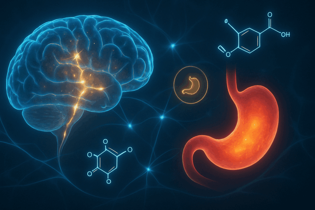 Conceptual illustration of brain-stomach connection with glowing neural pathways and hormones like ghrelin and leptin, visualizing natural ways to curb appetite.