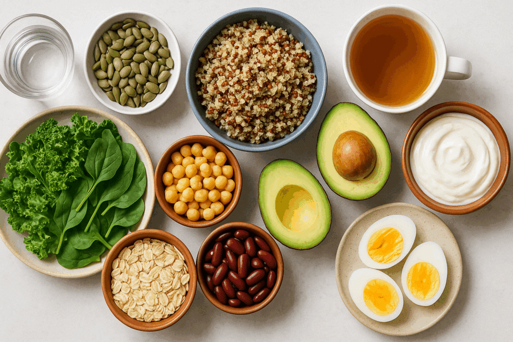 Overhead view of high-fiber, high-protein foods like leafy greens, oats, avocados, and boiled eggs—showcasing natural ways to curb appetite.