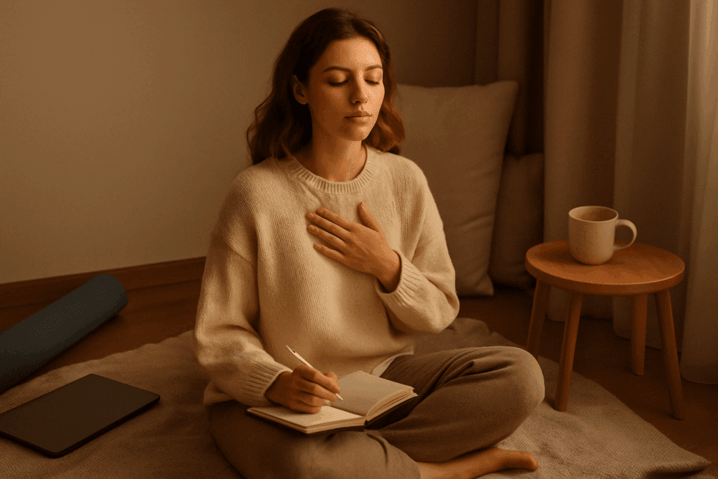 Woman practicing deep breathing and journaling in a cozy room with herbal tea—natural ways to curb appetite through mindfulness