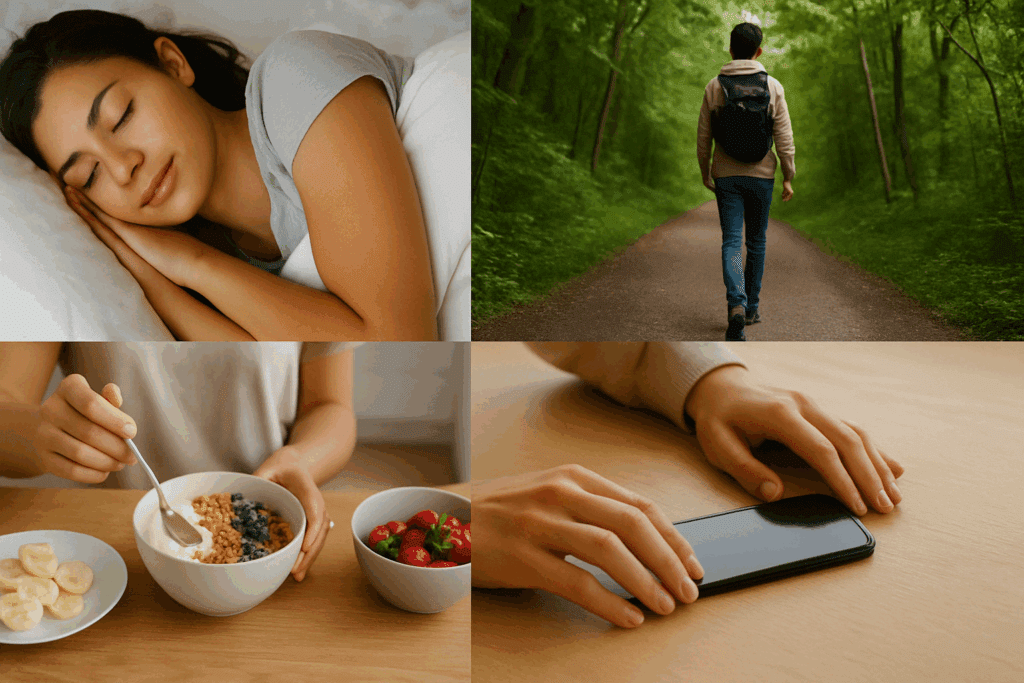 Peaceful sleep, forest walk, healthy breakfast prep, and phone detox illustrating natural ways to curb appetite through lifestyle choices.