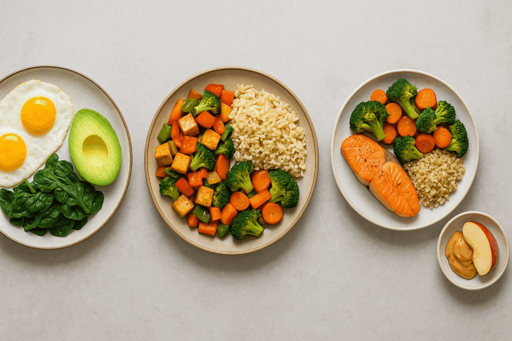 Three balanced plates illustrating natural ways to curb appetite with eggs, vegetables, tofu, salmon, grains, and a fruit-nut snack.