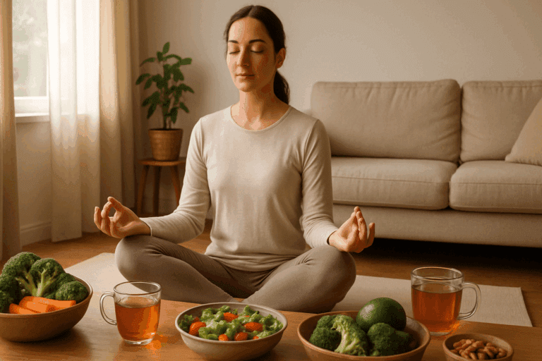 Woman meditating in a sunlit room with vegetables, nuts, and herbal tea—illustrating natural ways to curb appetite.