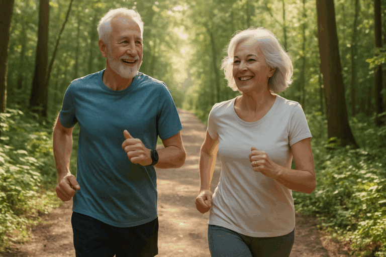 Active senior couple jogging on a forest trail to promote heart health and reduce risk of coronary artery disease
