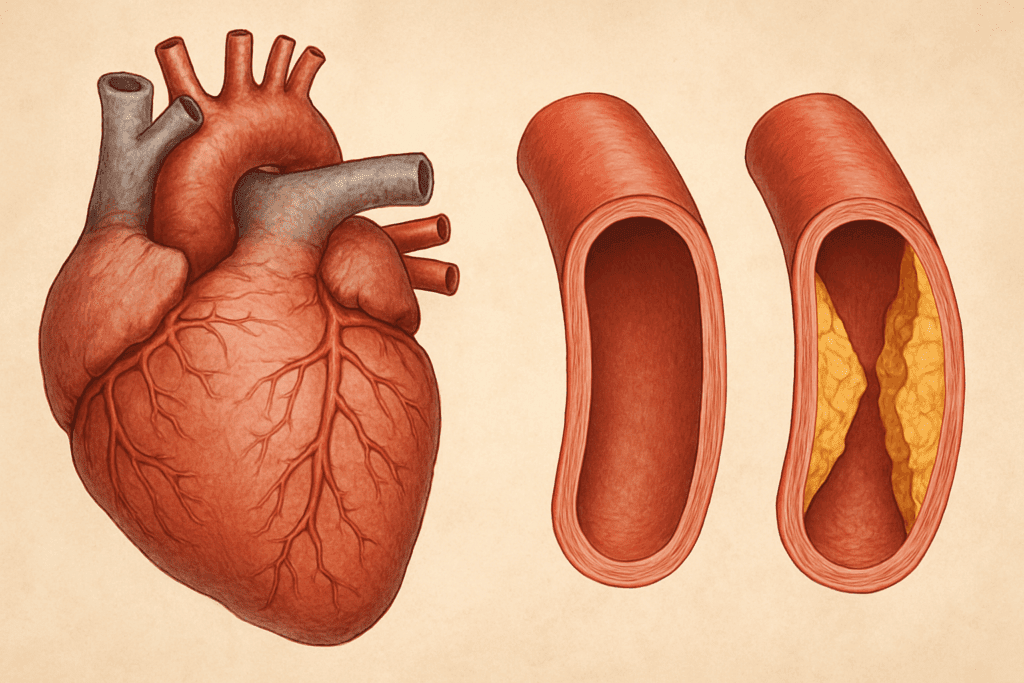 Title: New Strategies to Protect Your Aging Heart: How Endurance Training May Reduce Risk of Coronary Artery Disease with Age 1 Medical illustration showing an aging heart with a healthy artery beside one narrowed by plaque buildup, visualizing coronary artery disease.