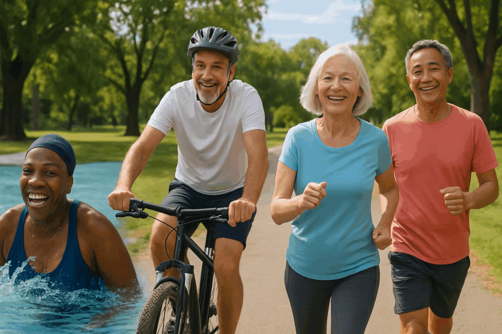 Title: New Strategies to Protect Your Aging Heart: How Endurance Training May Reduce Risk of Coronary Artery Disease with Age 2 Older adults of diverse backgrounds swimming, cycling, and brisk walking in a park to support heart health and prevent coronary artery disease.