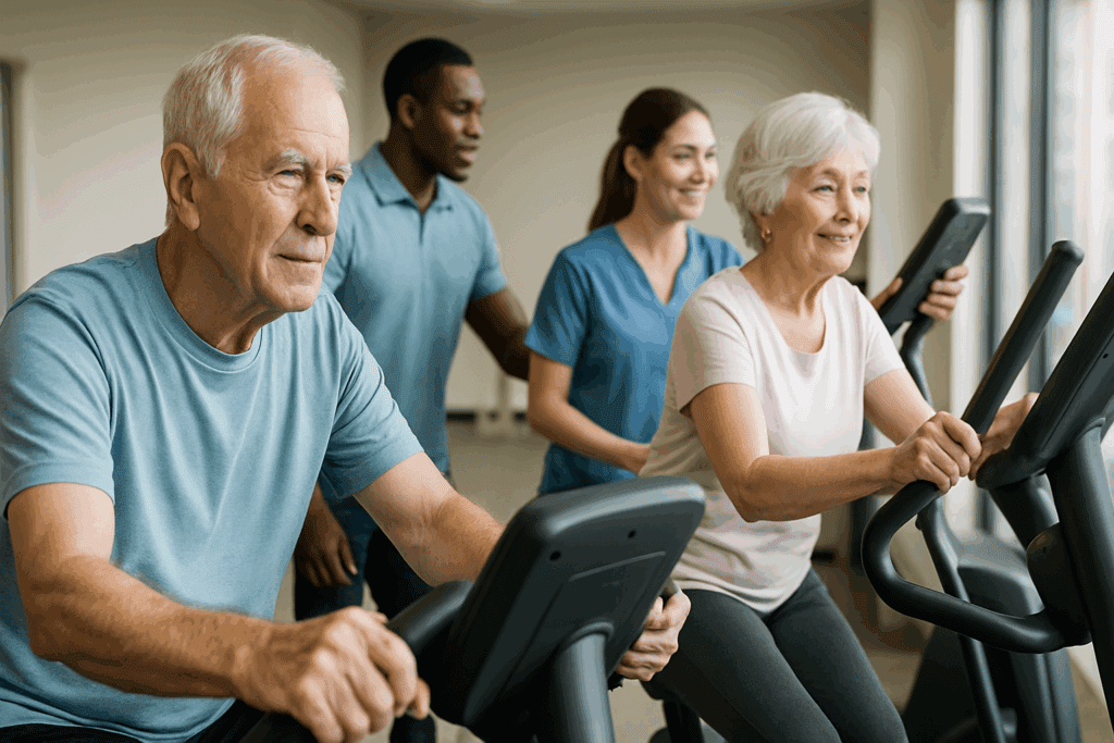 Title: New Strategies to Protect Your Aging Heart: How Endurance Training May Reduce Risk of Coronary Artery Disease with Age 4 Older adults using low-impact gym equipment under supervision, illustrating safe endurance training for coronary artery disease prevention