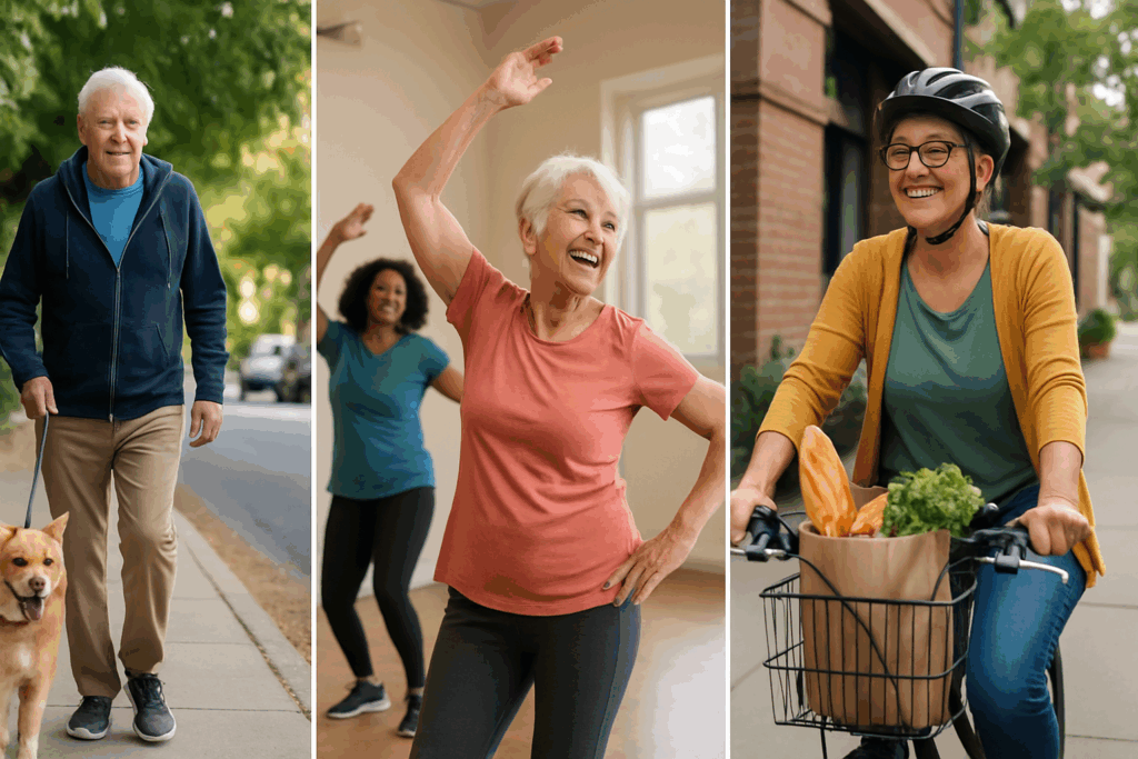 Title: New Strategies to Protect Your Aging Heart: How Endurance Training May Reduce Risk of Coronary Artery Disease with Age 6 Older adults walking, dancing, and biking as joyful daily exercises that support heart health and help prevent coronary artery disease.