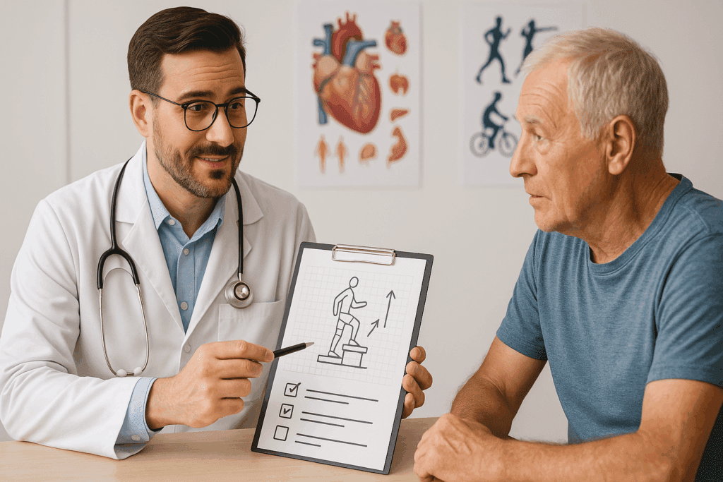 Title: New Strategies to Protect Your Aging Heart: How Endurance Training May Reduce Risk of Coronary Artery Disease with Age 7 Doctor explaining an exercise plan to an older patient with coronary artery disease in a clinical setting, with fitness and heart diagrams visible in the background.