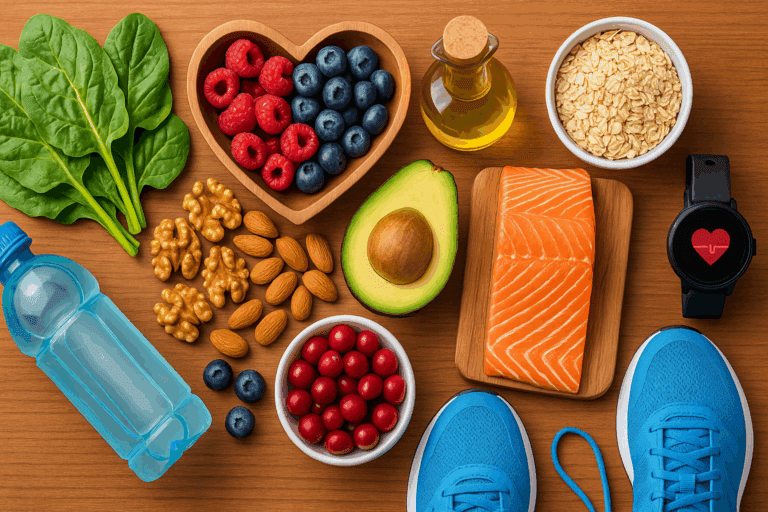 Flat-lay of heart-healthy foods and fitness gear promoting nutrition and cardiovascular disease prevention.