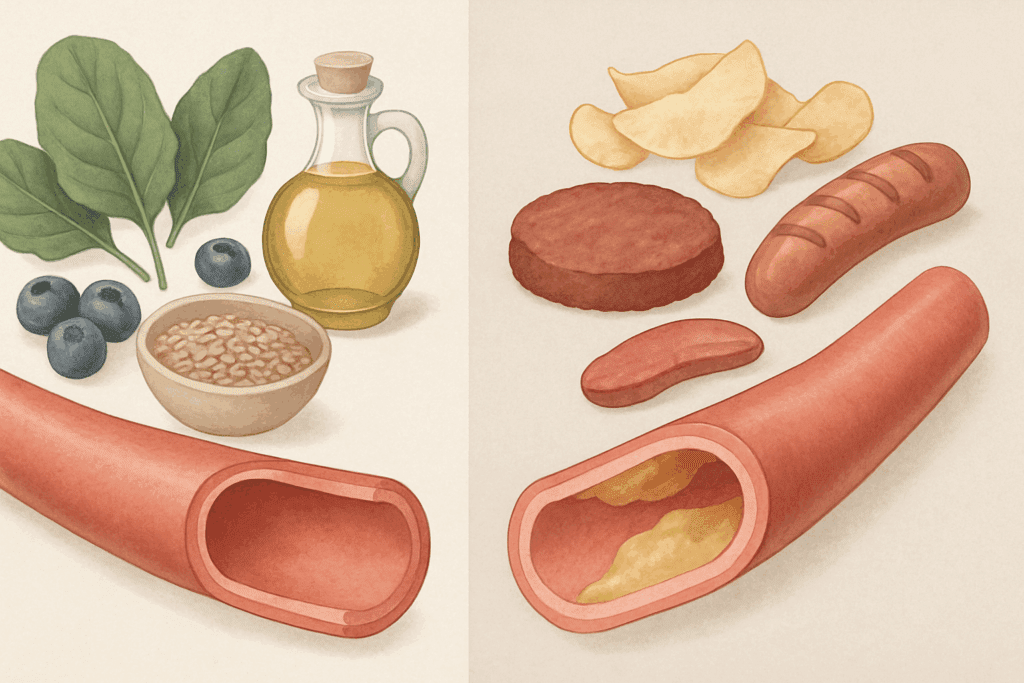 Nutrition and Cardiovascular Disease: How Smart Diet Choices Can Support Endurance and Reduce Risk 2 Split-screen illustration showing effects of nutrition and cardiovascular disease with healthy artery and whole foods on left, clogged artery and processed foods on right