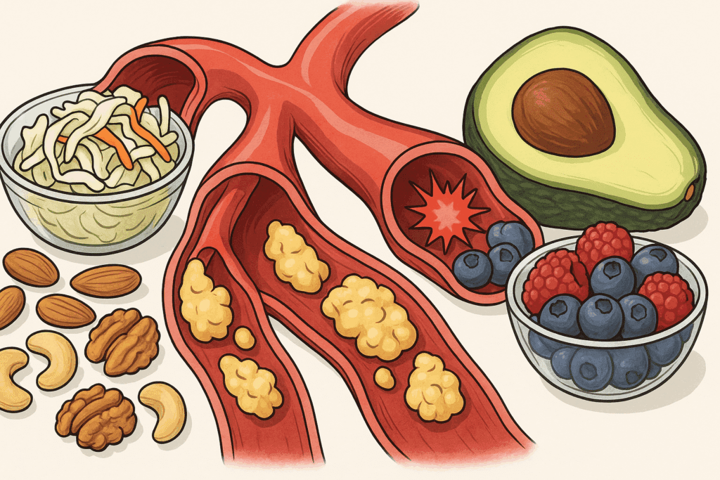 Nutrition and Cardiovascular Disease: How Smart Diet Choices Can Support Endurance and Reduce Risk 3 Medical illustration of inflamed arteries with calcium buildup surrounded by anti-inflammatory foods like avocado, berries, nuts, and fermented vegetables, representing the link between nutrition and cardiovascular disease.