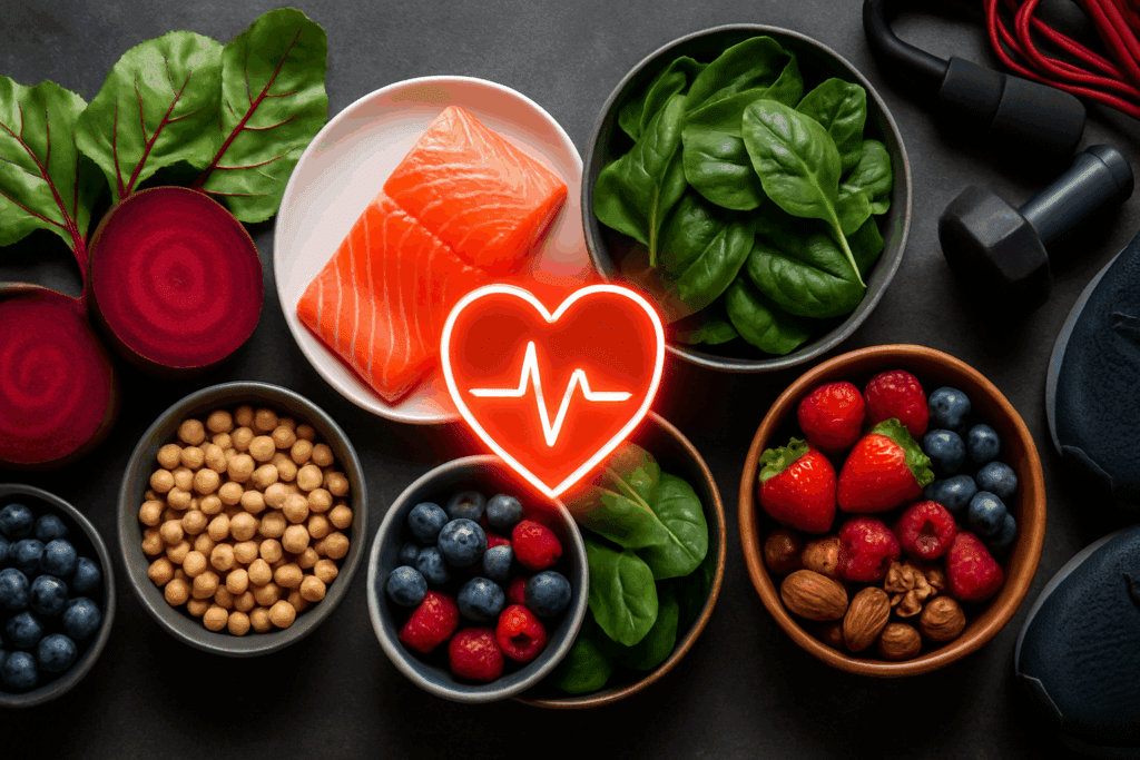 Nutrition and Cardiovascular Disease: How Smart Diet Choices Can Support Endurance and Reduce Risk 4 Salmon, leafy greens, berries, legumes, and nuts arranged around a heart icon representing nutrition and cardiovascular disease support
