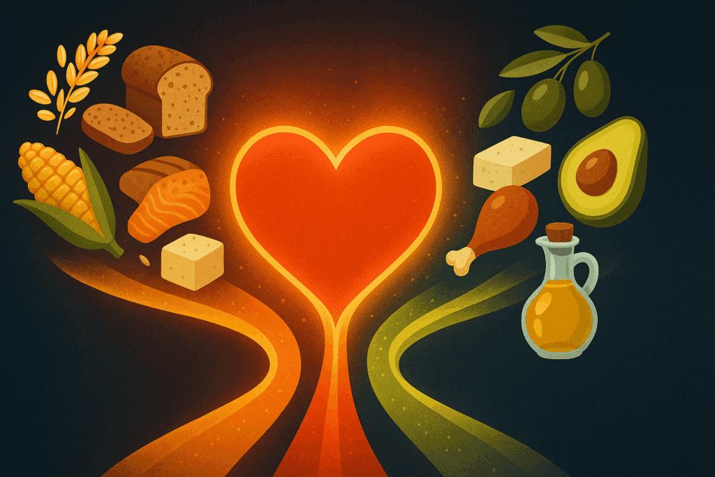 Nutrition and Cardiovascular Disease: How Smart Diet Choices Can Support Endurance and Reduce Risk 6 Diagram illustrating nutrition and cardiovascular disease through balanced streams of carbohydrates, proteins, and fats flowing into a glowing heart