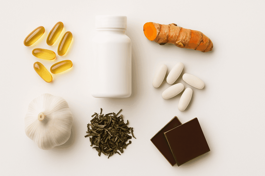 Nutrition and Cardiovascular Disease: How Smart Diet Choices Can Support Endurance and Reduce Risk 7 Fish oil capsules, CoQ10 bottle, magnesium tablets, garlic, turmeric, green tea, and dark chocolate arranged to illustrate nutrition and cardiovascular disease support.