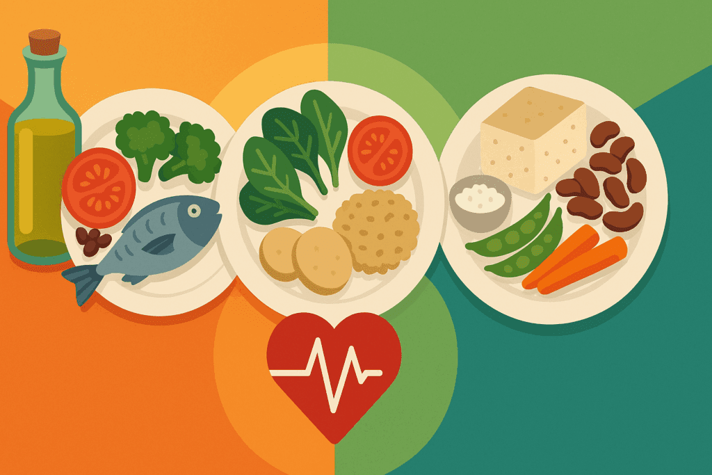 Nutrition and Cardiovascular Disease: How Smart Diet Choices Can Support Endurance and Reduce Risk 5 Infographic comparing Mediterranean, DASH, and plant-based diets with symbolic meal plates converging on a heart icon, illustrating nutrition and cardiovascular disease prevention.