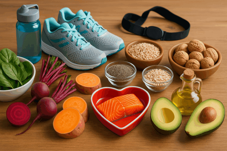 Heart-healthy foods for a cardiovascular diet plan including salmon, spinach, beets, avocado, quinoa, and olive oil on a wooden table