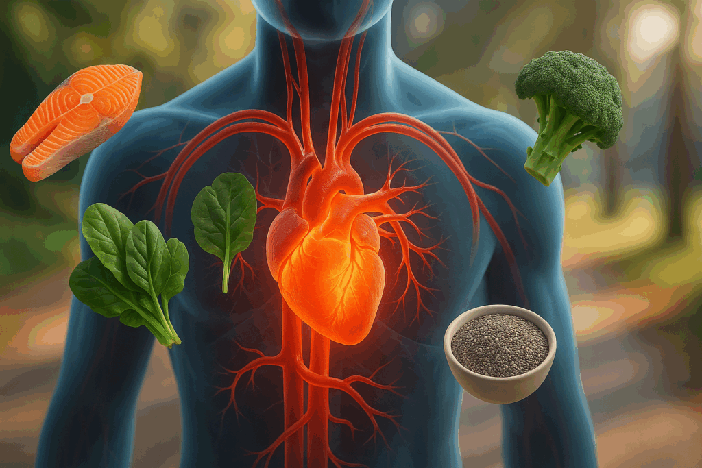 Human torso showing glowing heart and arteries surrounded by salmon, spinach, broccoli, and chia seeds, illustrating a cardiovascular diet plan.