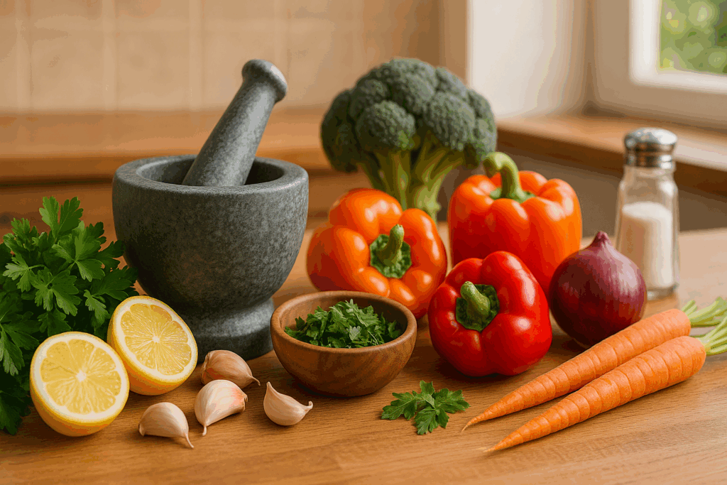 Fresh ingredients like garlic, lemon, herbs, and colorful vegetables on a kitchen counter for a cardiovascular diet plan.