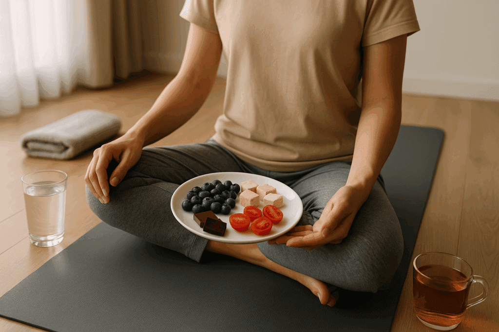 Person relaxing post-workout with a plate of heart-healthy foods as part of a cardiovascular diet plan