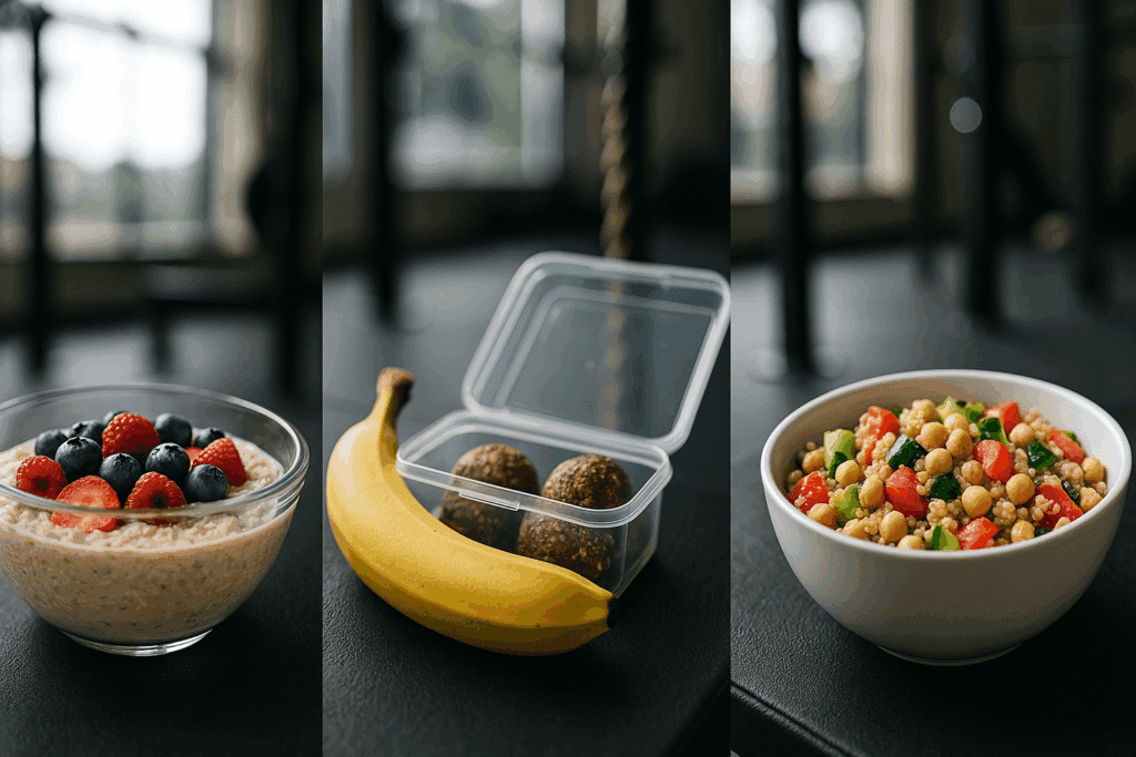 Triptych of meals for a cardiovascular diet plan: oatmeal with berries, banana with energy bites, and a quinoa chickpea salad in a gym setting.