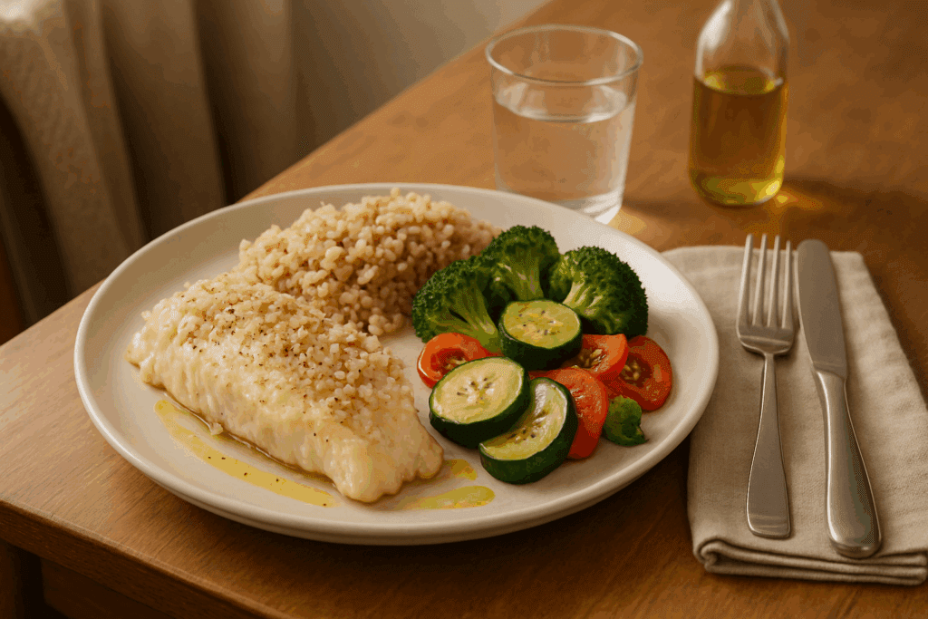 Portion-controlled plate with baked white fish, brown rice pilaf, and grilled vegetables—ideal for a cardiovascular diet plan.