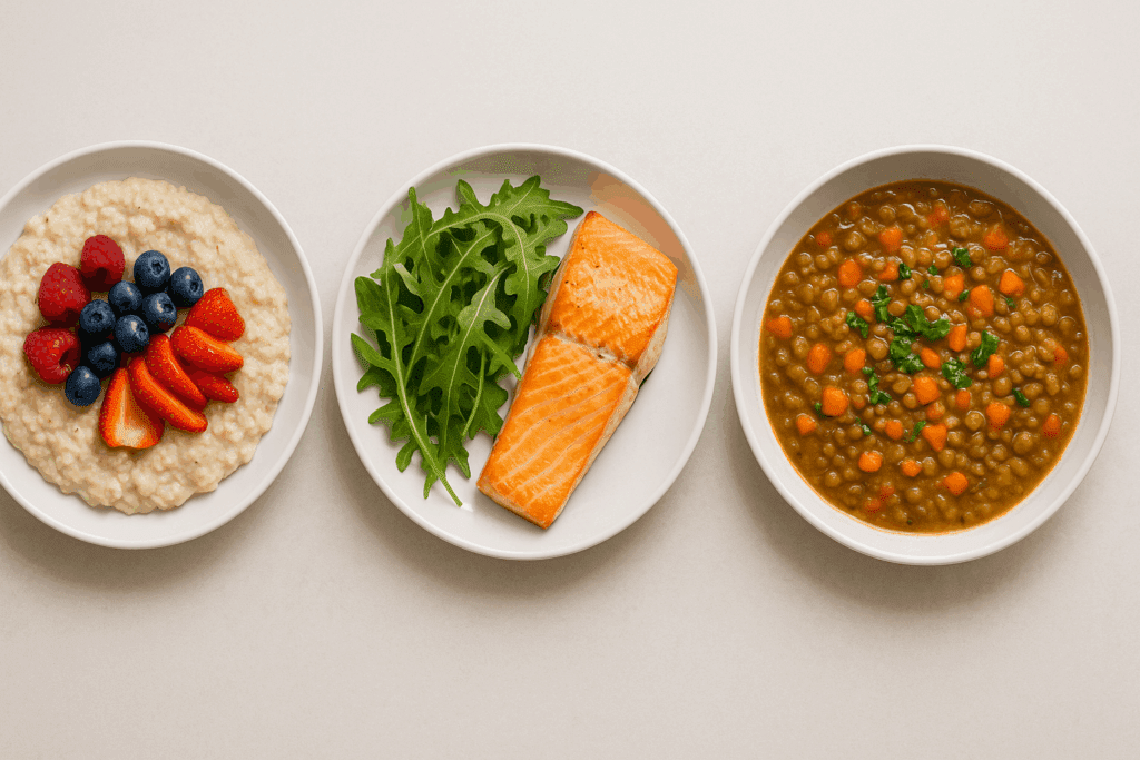 Three balanced meals from a cardiovascular diet plan, including oatmeal with berries, salmon with arugula, and lentil stew on white plates.