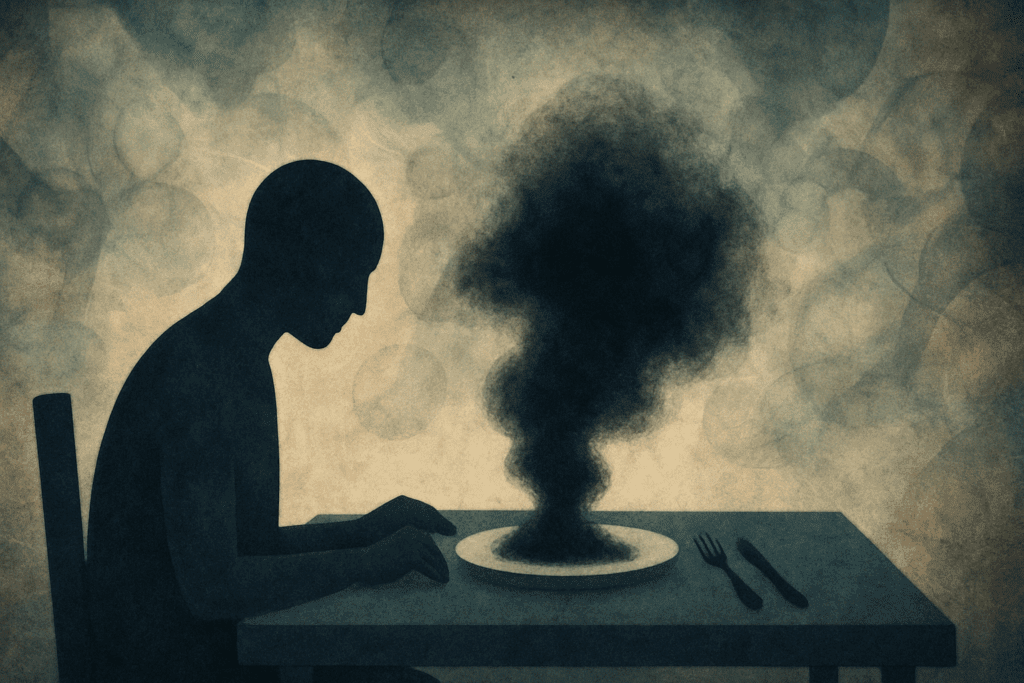 Symbolic depiction of overcoming food phobia, showing a person at a dinner table with a dark cloud over their plate, representing fear of eating