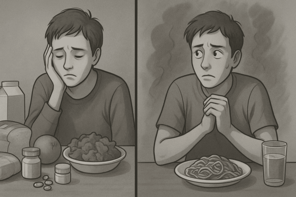Split scene illustrating the struggle of overcoming food phobia, with one person fatigued beside untouched food and another anxious at mealtime